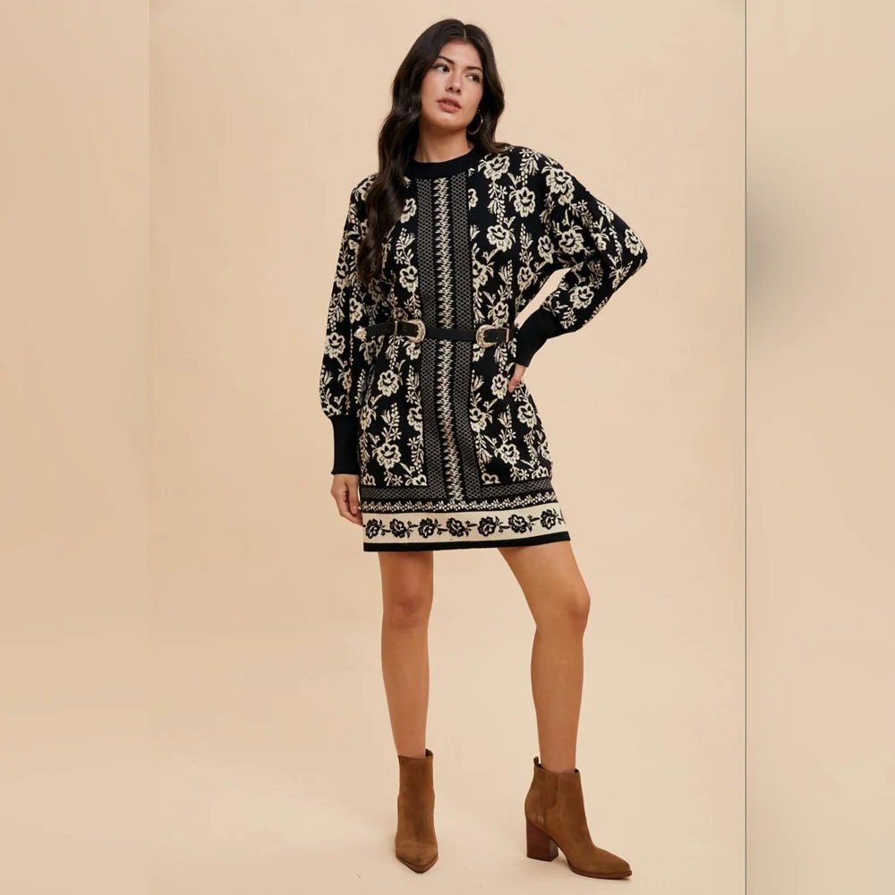 Annie Wear Floral Jacquard Round Neck Sweater Dress - Picture 1 of 7